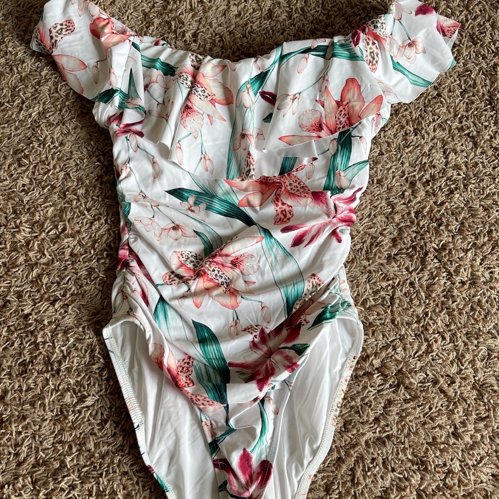 White Swimsuit.  With Flowers